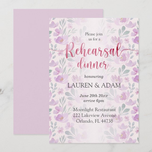 Convites Padrão floral de peônia em lilás e rosa em aquarel (Frente/Verso)
