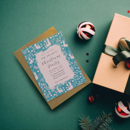 Convites Padrão Floral de Rena Nórdica | Natal Rosa em Azul