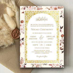 Convites Padrão Floral Dourado Creme Terroso Casamento Muçu
