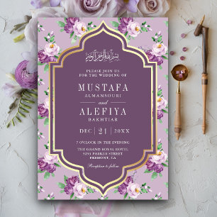 Convites Padrão Floral Dourado Roxo Casamento Muçulmano