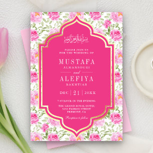 Convites Padrão Floral Rosa Dourado Fúcsia Casamento Muçulm