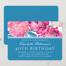 Convites Padrão Floral Rosa Na moda do aniversário de 40 an