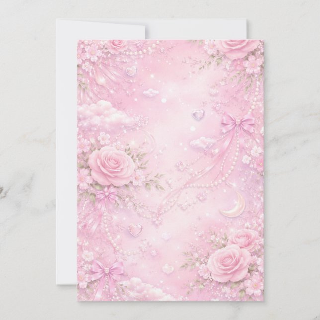 Convites Padrão Floral Rosa Sonhador com Pérolas e Laços Br (Frente)