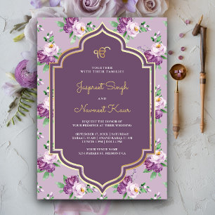 Convites Padrão Floral Roxo Anand Karaj Casamento Sikh