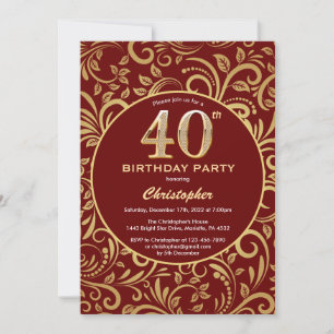 Convites Padrão Floral Vermelho Borgonha e Dourado de 40 An