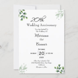 Convites Padrão 'Folha Verde' 20º Aniversário de Casamento 