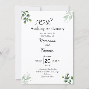 Convites Padrão 'Folha Verde' 20º Aniversário de Casamento 