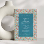 Convites Padrão Foliar de Borda do Teal Blue Medallion<br><div class="desc">Um painel central ousado se destaca contra um padrão de medalhão vibrante e inspirado na safra em vermelho, turquesa e amarelo. O design é brilhante, brincalhão e perfeito para celebrações de marco como um aniversário de 30 anos. Este convite dá o tom para uma festa divertida e na moda cheia...</div>