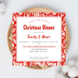 Convites Padrão Folkart Vermelho Escandinavo com Pássaros N