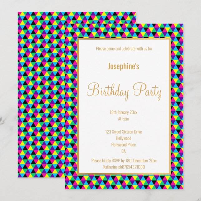 CONVITES PADRÃO GEOMÉTRICO BRILHANTE DOURADO ANIVERSÁRIO PE (Frente/Verso)