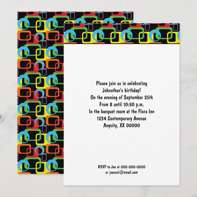 Convites Padrão Geométrico Retro Multicolorido de Aniversár (Frente/Verso)