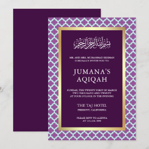 Convites Padrão Islâmico Quatrefoil Marroquino Roxo Aqiqah