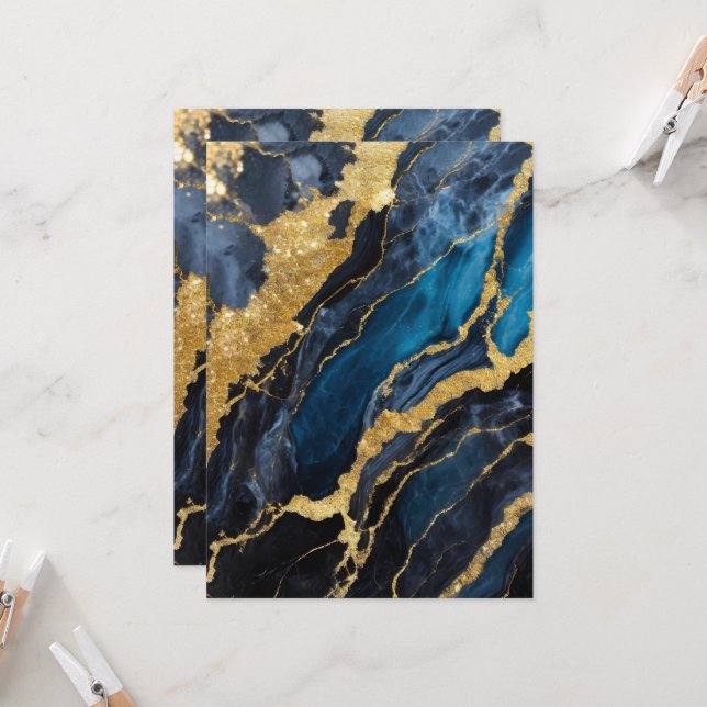 Convites Padrão Marble Azul com Dourado (Frente/Verso In Situ)