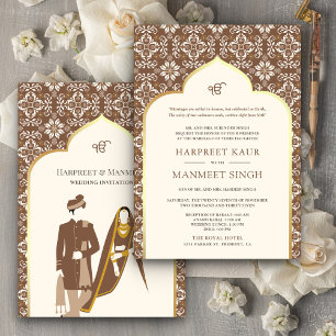 Convites Padrão Marrom de Marfim Anand Karaj Casamento Sikh