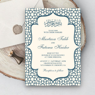 Convites Padrão Persa Creme e Azul Casamento Muçulmano