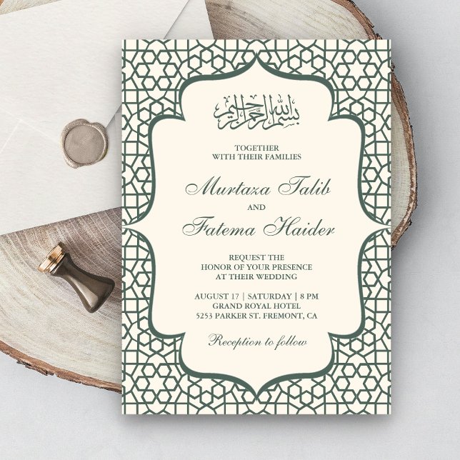 Convites Padrão Persa Creme e Verde Casamento Muçulmano (Criador carregado)