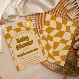 Convites Padrão Retro Ondulado Boho Girassol Chá de Bebê