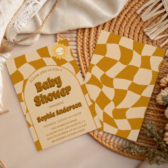 Convites Padrão Retro Ondulado Boho Girassol Chá de Bebê (Criador carregado)