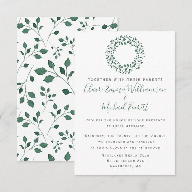 Convites Padrão Rustic Green Watercolor Foliage | Casamento (Frente/Verso)