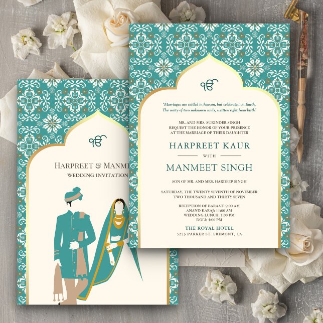 Convites Padrão Teal de Marfim Anand Karaj Casamento Sikh (Criador carregado)