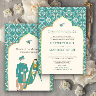 Convites Padrão Teal de Marfim Anand Karaj Casamento Sikh