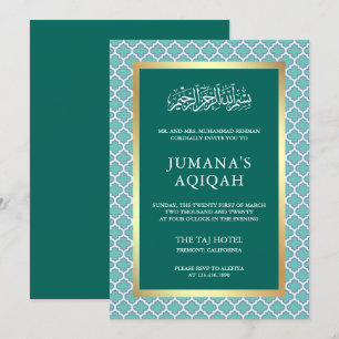 Convites Padrão Teal Marroquino Quatrefoil Aqiqah Islâmic