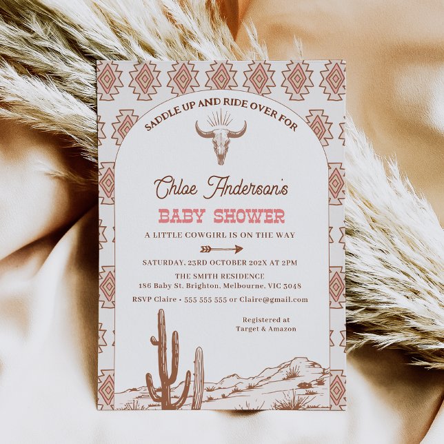 Convites Padrão Tribal Boho Arch Rodeo Chá de fraldas Ocide (Boho Rodeo Baby Shower Invitation Girl, Cowgirl Baby Shower Invitation, Western, Wild West Tribal)