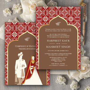 Convites Padrão Vermelho Marfim Marrom Anand Karaj Casament