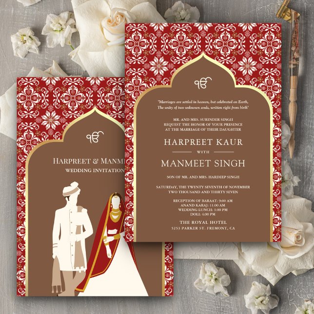 Convites Padrão Vermelho Marfim Marrom Anand Karaj Casament (Criador carregado)