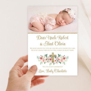 Convites Padrinho de Batismo Menina Cruz Floral Aquarela
