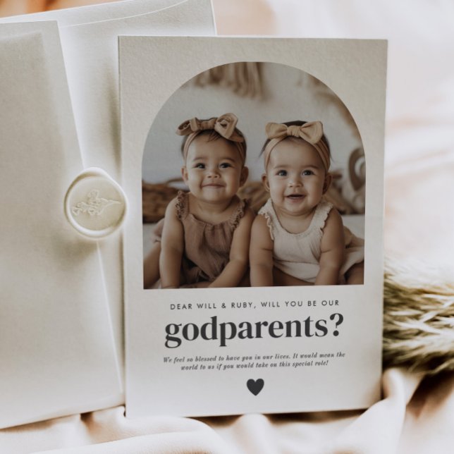 Convites Padrinhos Proposta de Foto Arqueada Menina Gêmeas (Zazzle Godparents Arched Photo Proposal Girl Twins)
