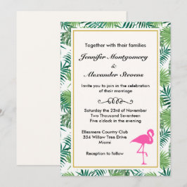 Convites Padrões de Folhas Tropicais e Casamento Flamingo R