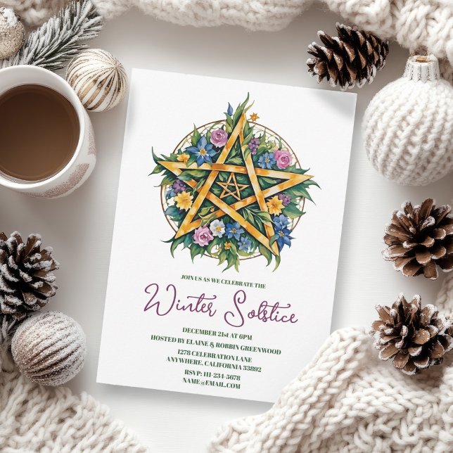 Convites Pagan Floral Yule Pentacle Solstce de inverno (Winter Solstice Floral Yule Pentacle Pagan Invitation)