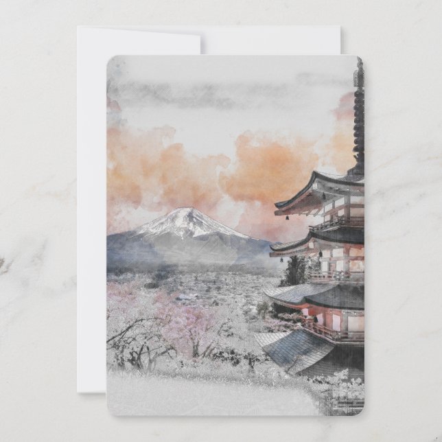 Convites Pagode Japonesa em Aquarela & Mt. Fuji (Frente)