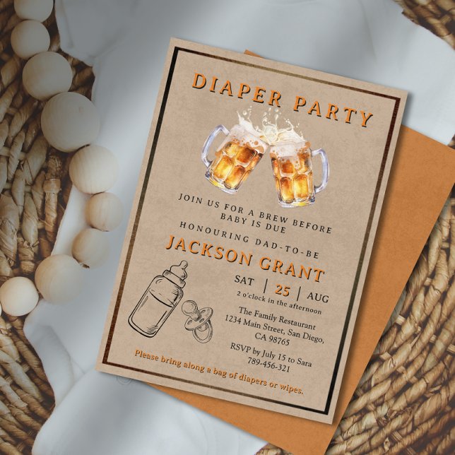 Convites Pai de Festa de Fralda de Cerveja Russa para ser C (Rustic Beer Diaper Party Dad to be Baby Shower Invitation)