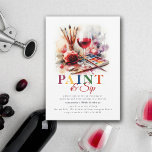 Convites Paint & Sip Wine Art Party 50º Aniversário<br><div class="desc">Tinta elegante e moderna e modelo de gole 50º para mulheres com tema duplo - vinho e arte, apresentando uma ilustração aquarela de um copo de vinho entre uma parafernália de pincéis de pintura e outros suprimentos. Uma arte de classe, pintura e aniversário de 50 anos convida uma mulher no...</div>