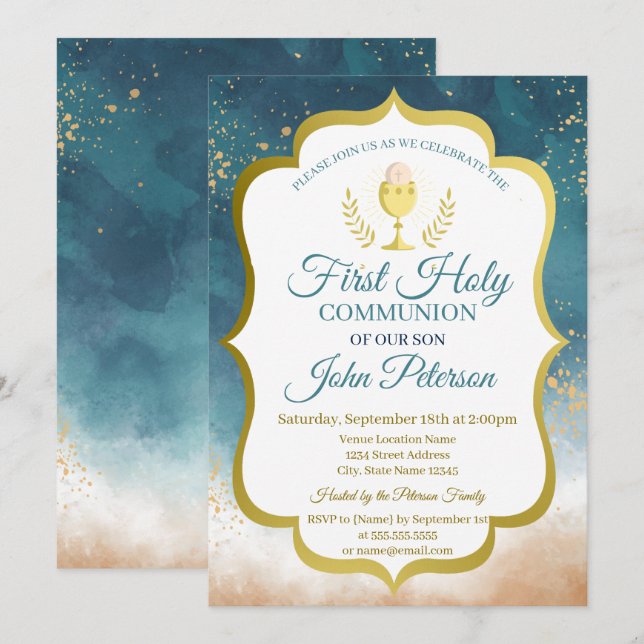 Convites Paint Splash,Chalice Primeira Comunhão Sagrada (Frente/Verso)