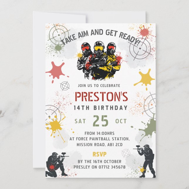Convites Paintball Birthday Invitation Take Aim & Get Ready (Frente)