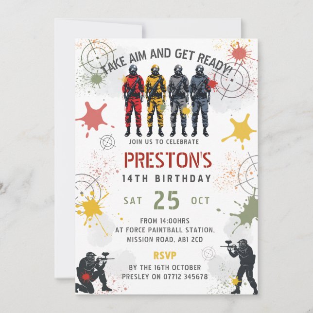 Convites Paintball Birthday Invitation Take Aim & Get Ready (Frente)
