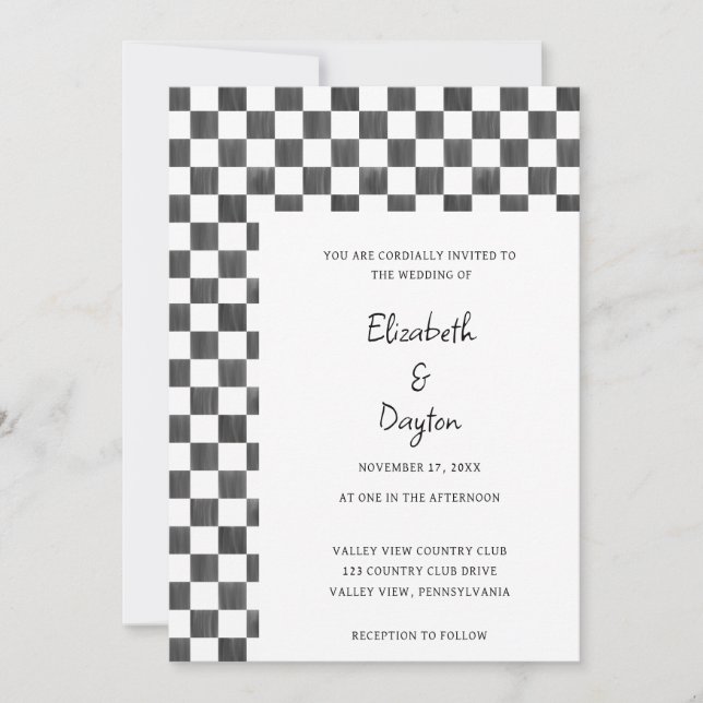 Convites Painted Black and White Check Pattern Wedding (Frente)
