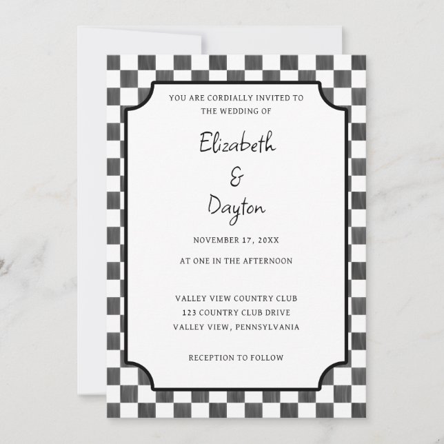 Convites Painted Black Checkerboard Pattern Wedding (Frente)