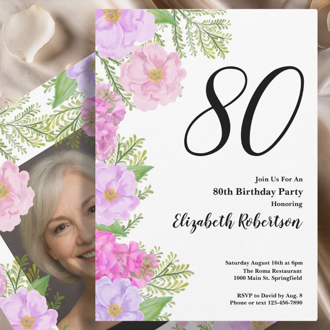 Convites Painted Flower Custom Photo Template 80th Birthday (Criador carregado)