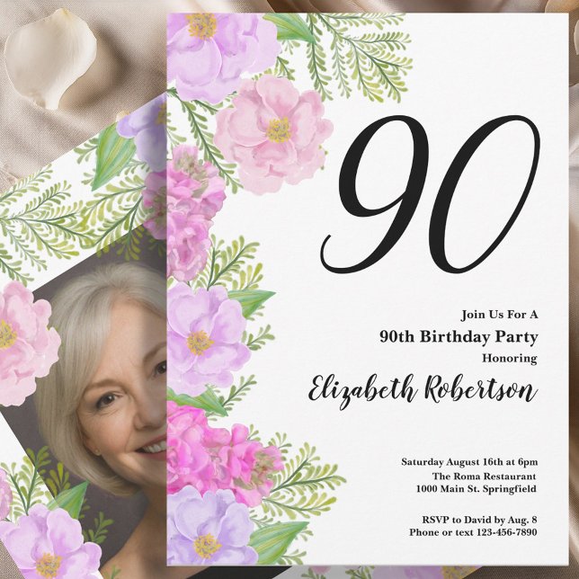 Convites Painted Flower Custom Photo Template 90th Birthday (Criador carregado)