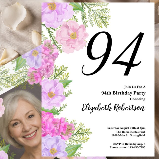 Convites Painted Flower Custom Photo Template 94th Birthday (Criador carregado)