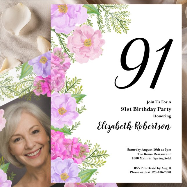Convites Painted Flower Custom Photo Template 94th Birthday (Criador carregado)