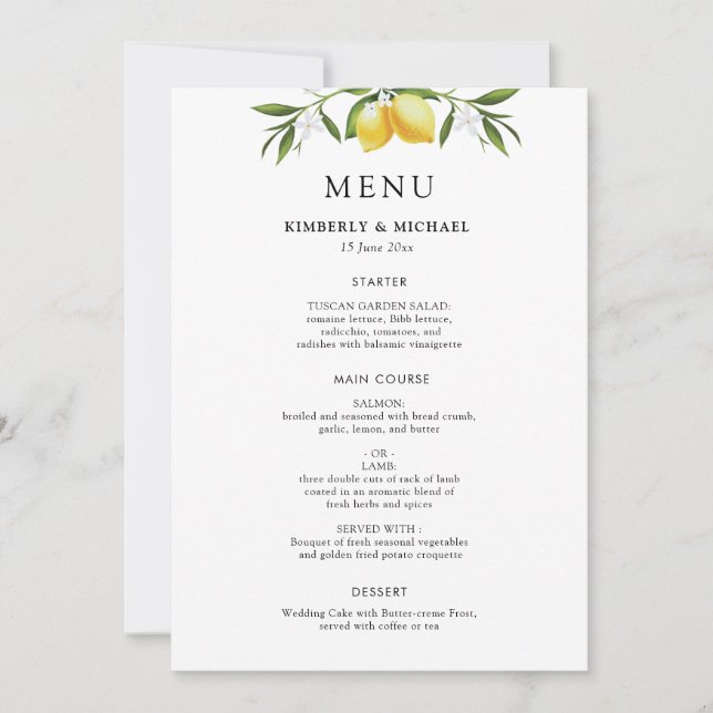 Convites Painted lemons greenery foliage wedding menu (Frente)
