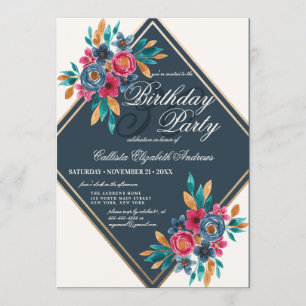 Convites País Cai Azul Flores Douradas De Aquarelas Anivers