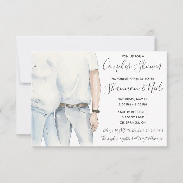 Convites Pais de aquarela a serem Chás de fraldas Casais (Frente)