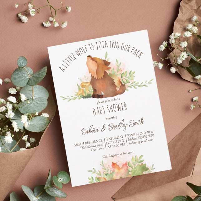 Convites Pais de lobo caem modelo chá de fraldas (Wolf baby shower template invitation cute wolf pup fall foliage baby shower invite instant download)