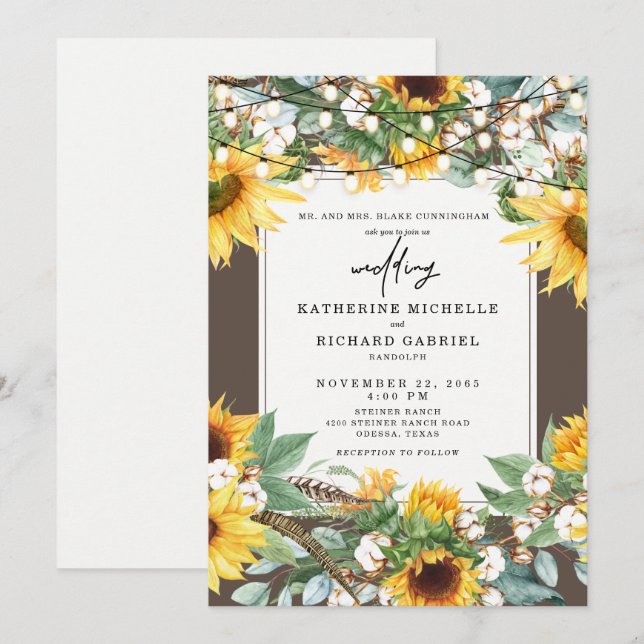 Convites Pais de Luzes de Quebra Rústica de Girassol (Frente/Verso)